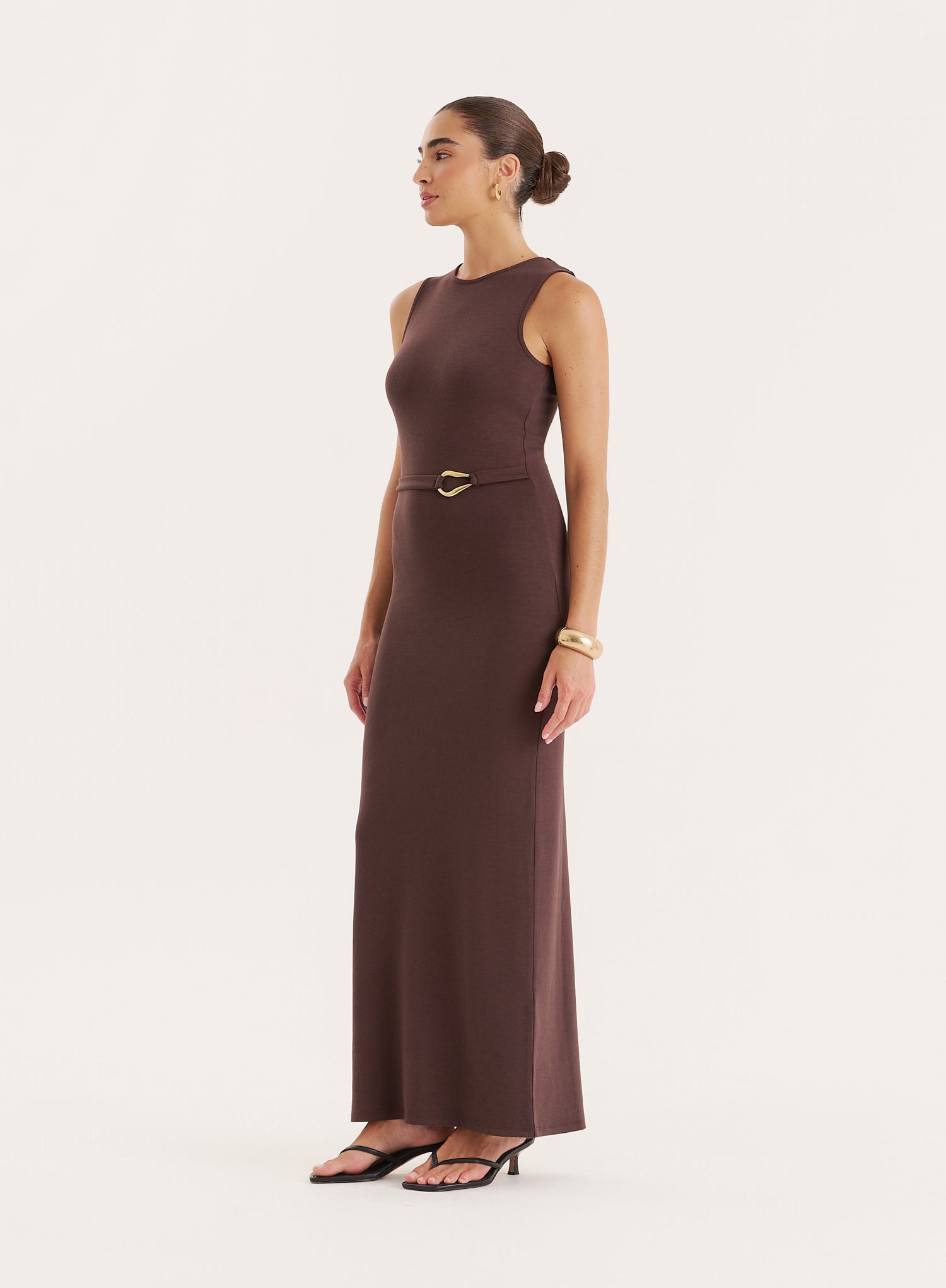 Chocolate Gold Hardware Belt Detail Maxi Dress- Arden